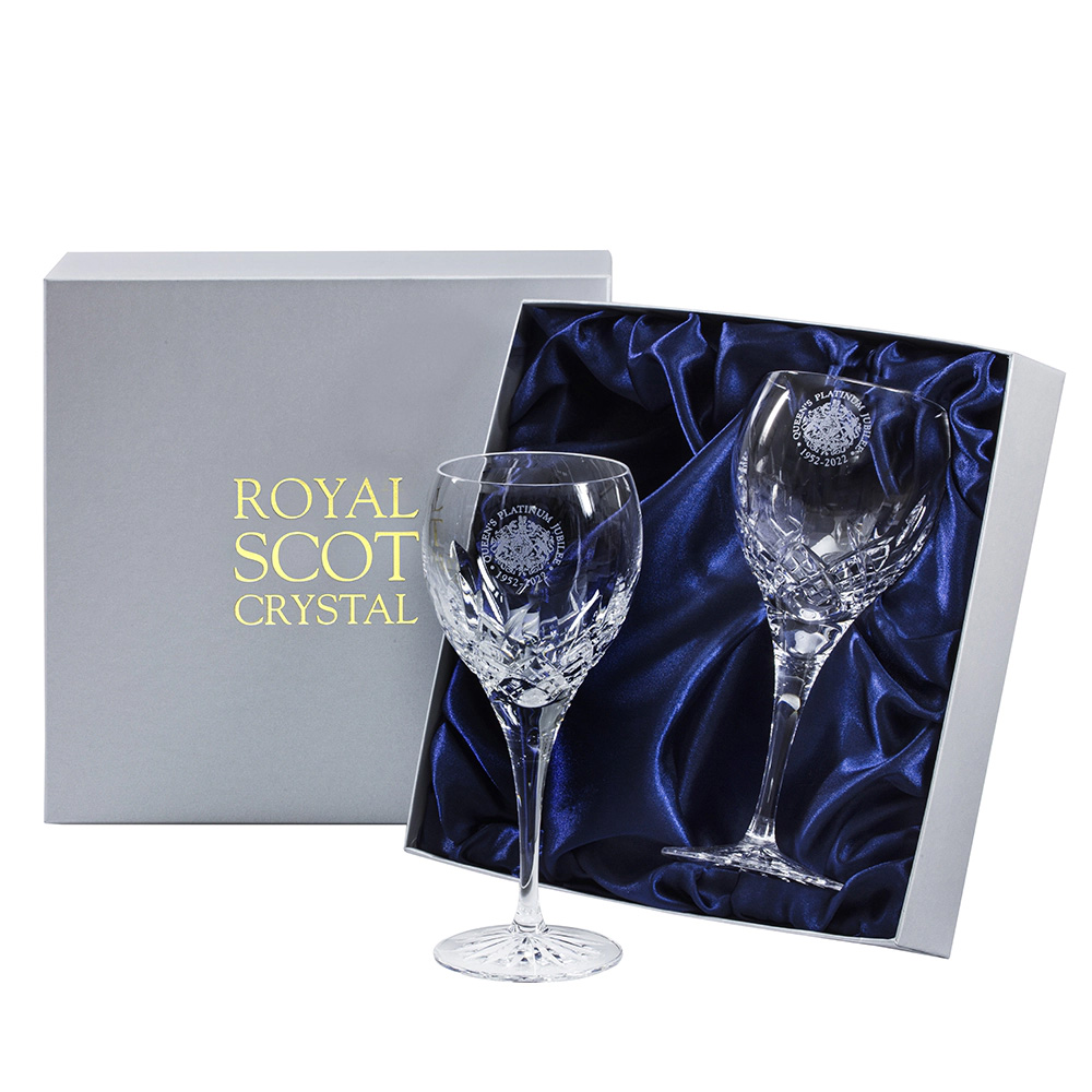 Royal Scot Crystal - Queens Platinum Jubilee - 2 Westminster Crystal Large Wine glasses Presentation Boxed